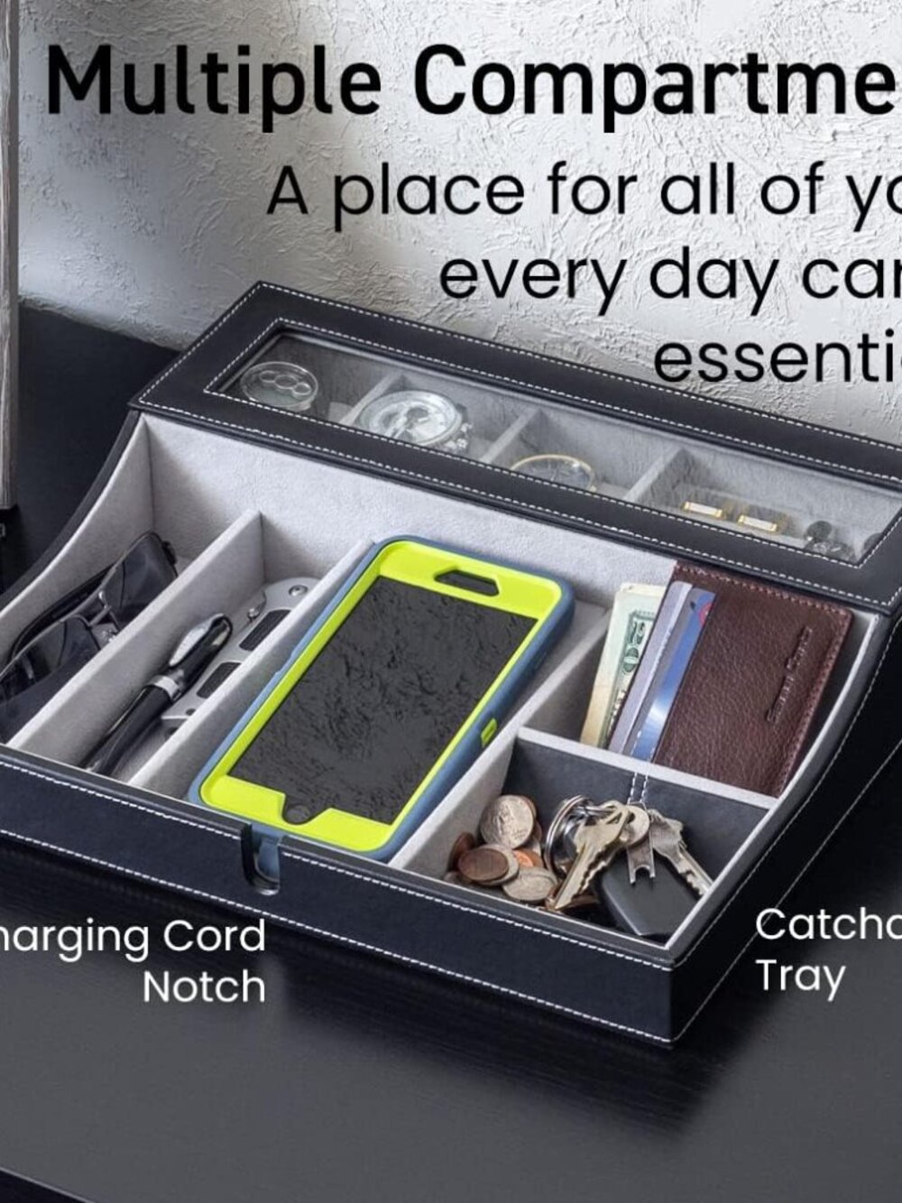 HOUNDSBAY Navigator Large Dresser Valet Tray & Mens Jewelry Box Organizer